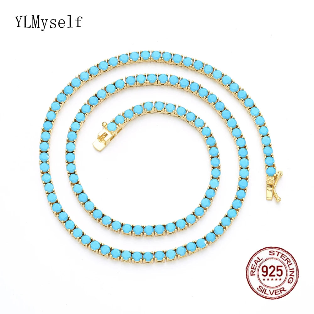Turquoise Blue 3mm Stone Real 925 Sterling Silver Tennis Chain Necklace Choker 18K Gold/Rhodium Plated 16-24 Inch Fine Jewelry