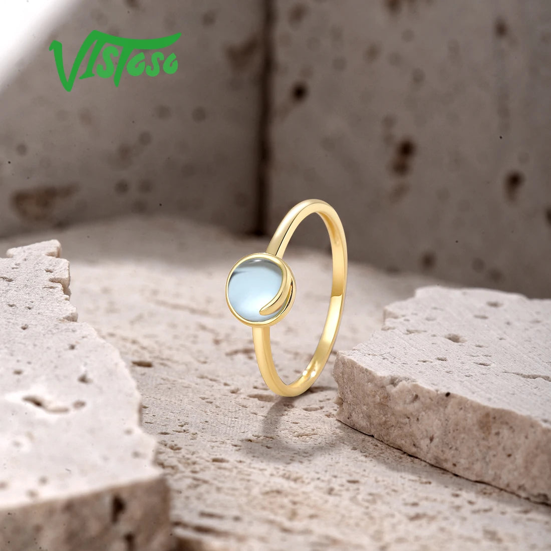 VISTOSO Pure 14K 585 Yellow Gold Rings For Women Genuine Sky Blue Topaz Solitaire Classsic Delicate Round Wedding Fine Jewelry