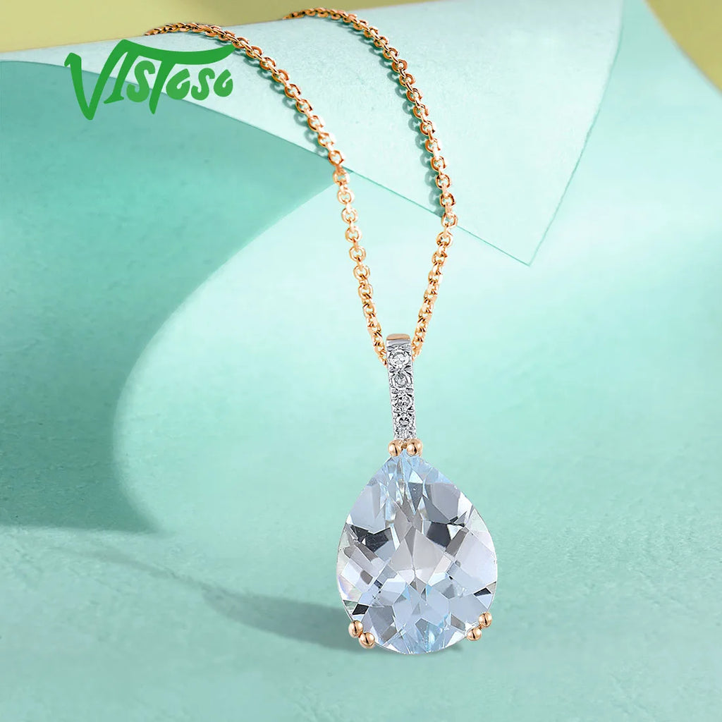 VISTOSO Genuine 14K 585 Rose Gold Pendant For Women Sparkling Pear Shape Natural Sky Blue Topaz Diamonds Daily Fine Jewelry