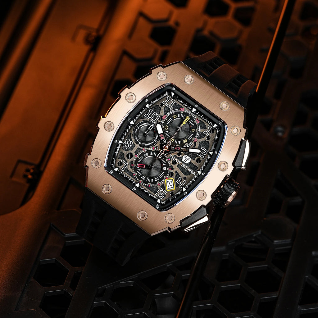 TSAR BOMBA Luxury Tonneau Quartz Watch for Men Japanese Movement, Stainless Steel Case,  Elegant Dress Wristwatch