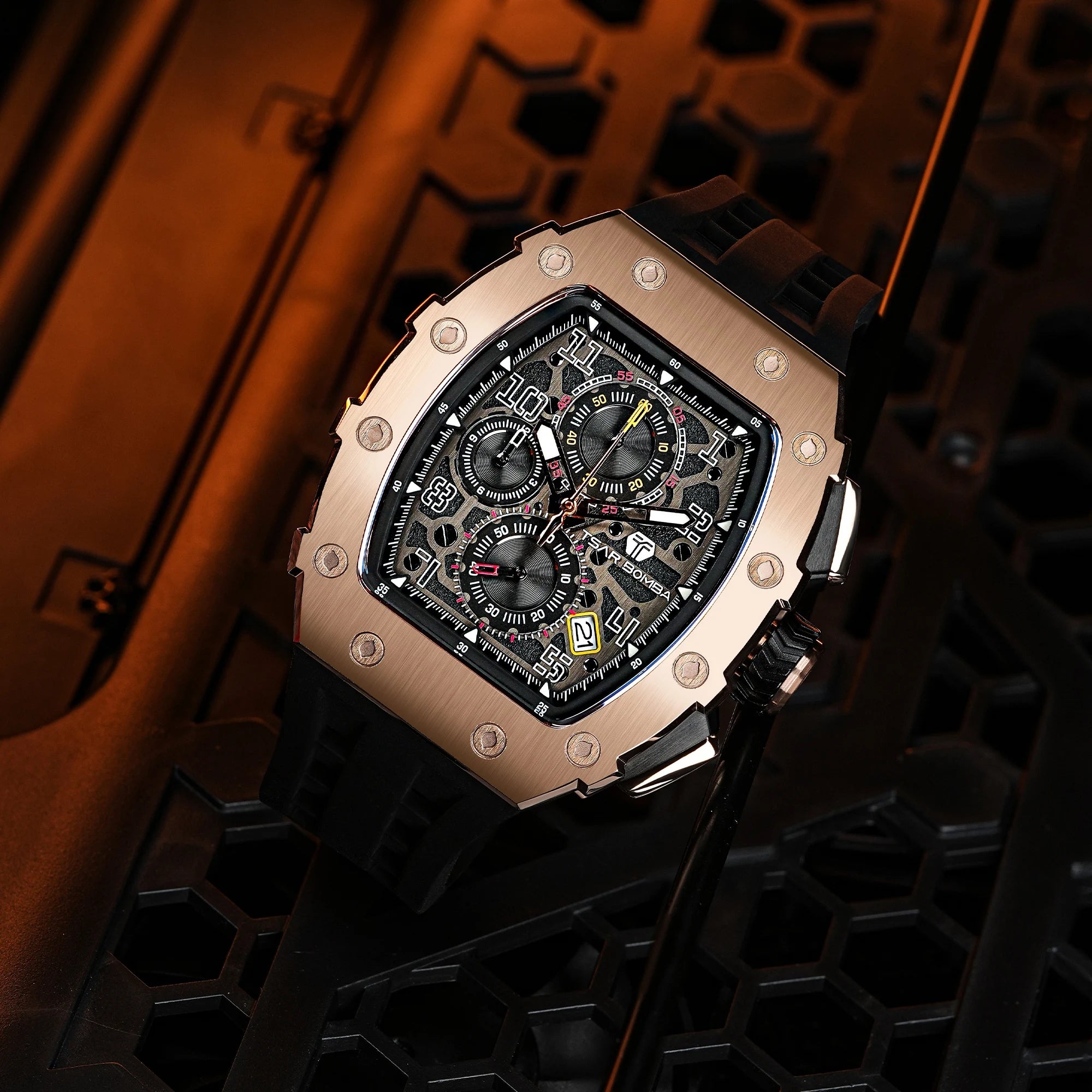 TSAR BOMBA Luxury Tonneau Quartz Watch for Men Japanese Movement, Stainless Steel Case,  Elegant Dress Wristwatch