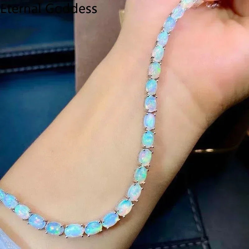 925 Sterling Silver Natural Opal Simple Bracelet Colorful Stone Bracelet Women's Fine Wedding Jewelry 24 Pc 4*6mm Fine Jewelry