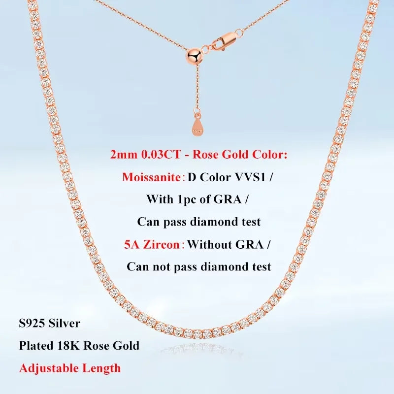 EWYA Full 2mm 0.03CT D Color Moissanite Tennis Necklace for Women Lady S925 Silver Plated 18K Gold Neck Chain Choker Necklaces