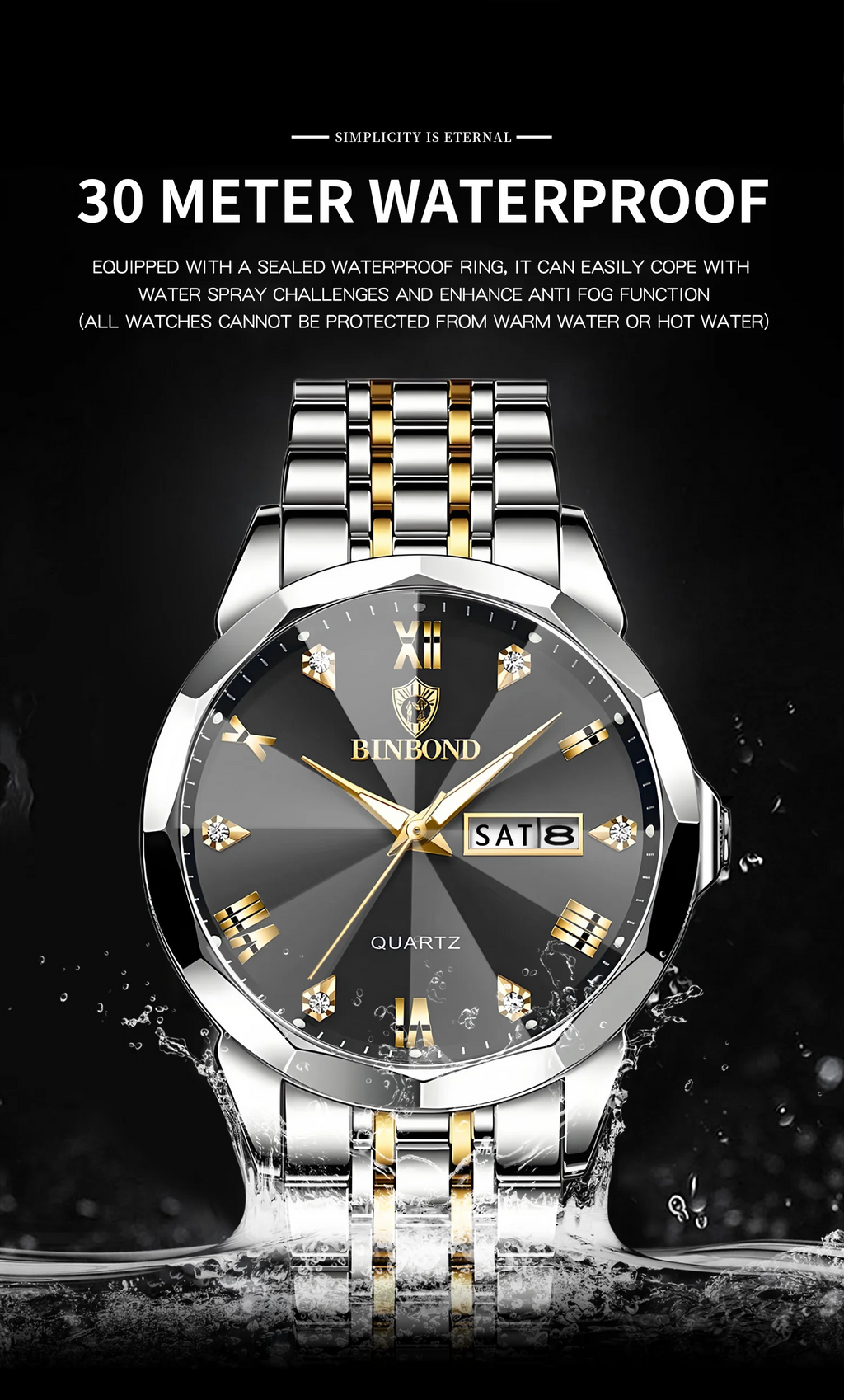 BINBOND Taper Glass Luxury Quartz Wristwatches For Men Luminous Waterproof Precise Durable men's Watch Stainless Steel Reloj