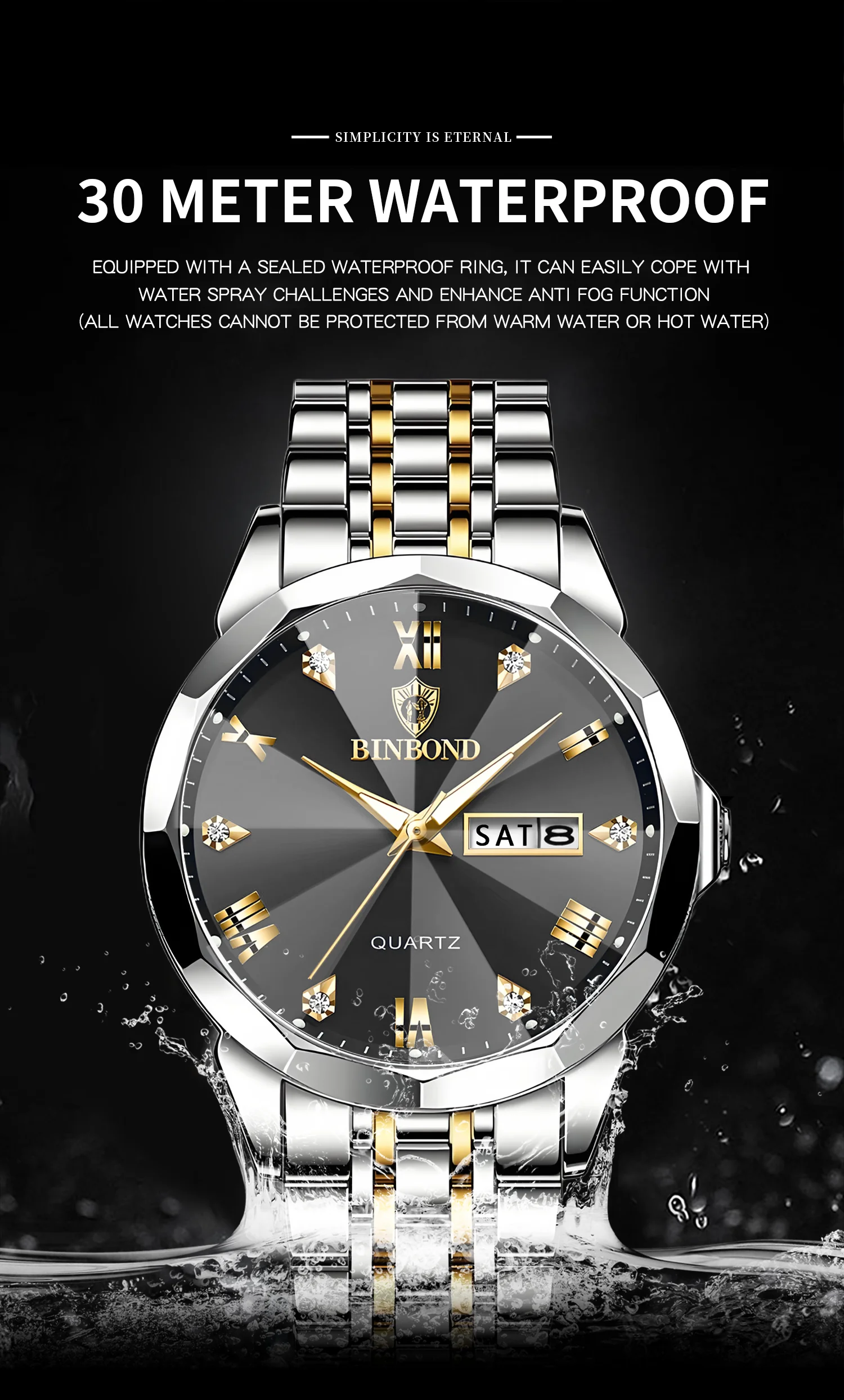 BINBOND Taper Glass Luxury Quartz Wristwatches For Men Luminous Waterproof Precise Durable men's Watch Stainless Steel Reloj