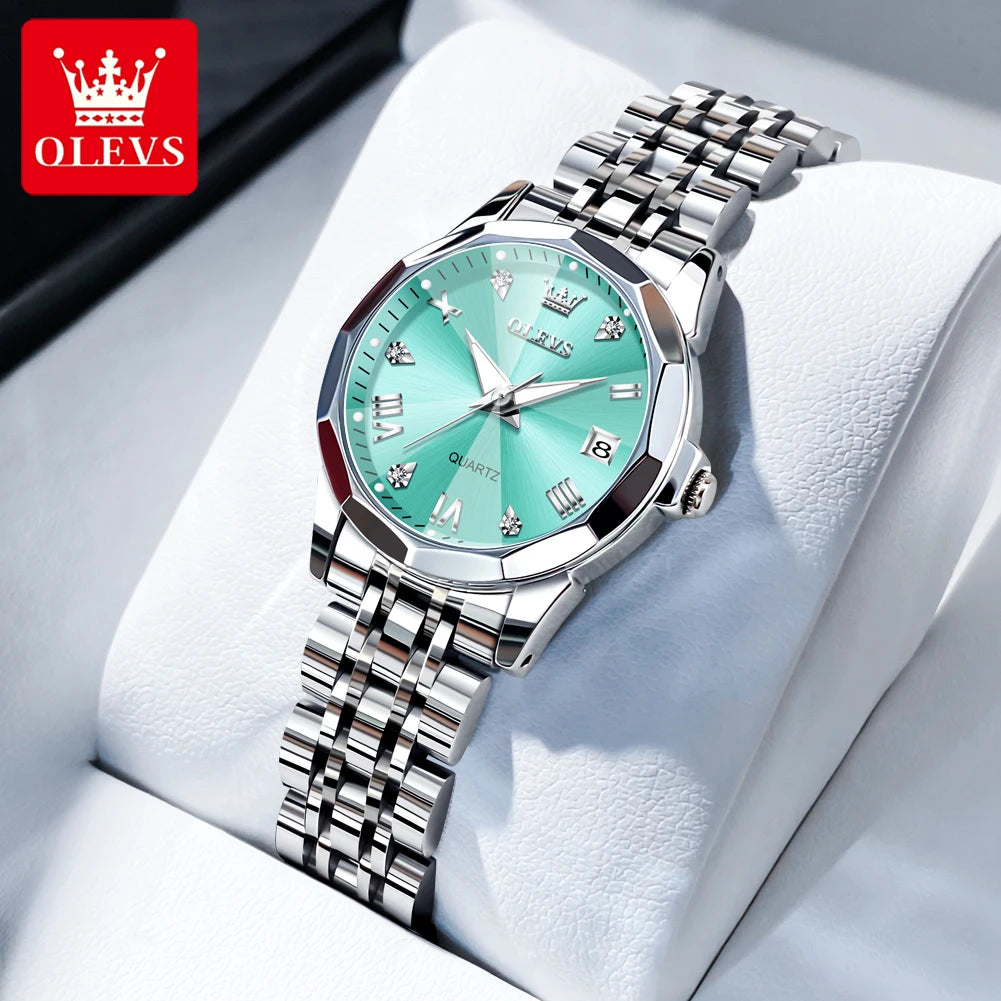 OLEVS Women Watches Elegant Luxury Stainless Steel Strap Original Quartz Wristwatch for Man Waterproof Luminous Date Trend Dress