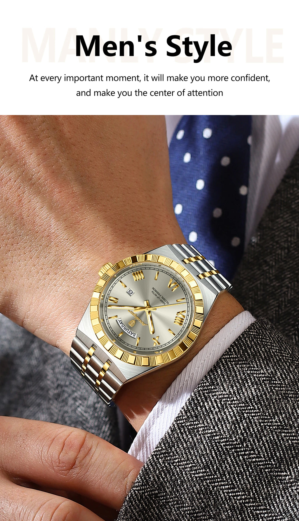POEDAGAR Luxury Business Man Watch Week Date Waterproof Luminous Watches For Men Stainless Steel Quartz Men's Fashion Wristwatch