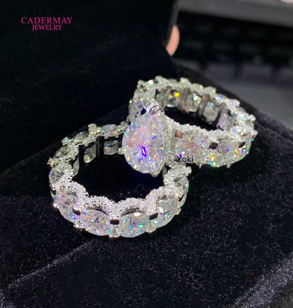 Cadermay luxury 5ct pear cut D VVS moissanite ring with 6mm round moissanite diamond eternity band moissanite ring set for women