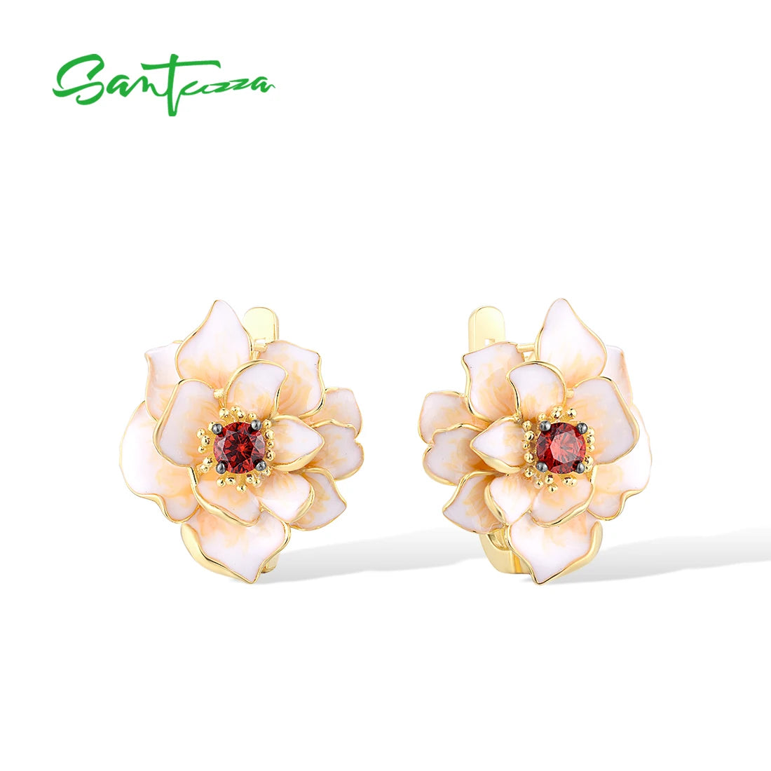 SANTUZZA Genuine 925 Sterling Silver Earrings For Women White Black Flower Garnet Wedding Party Fine Jewelry Handmade Enamel