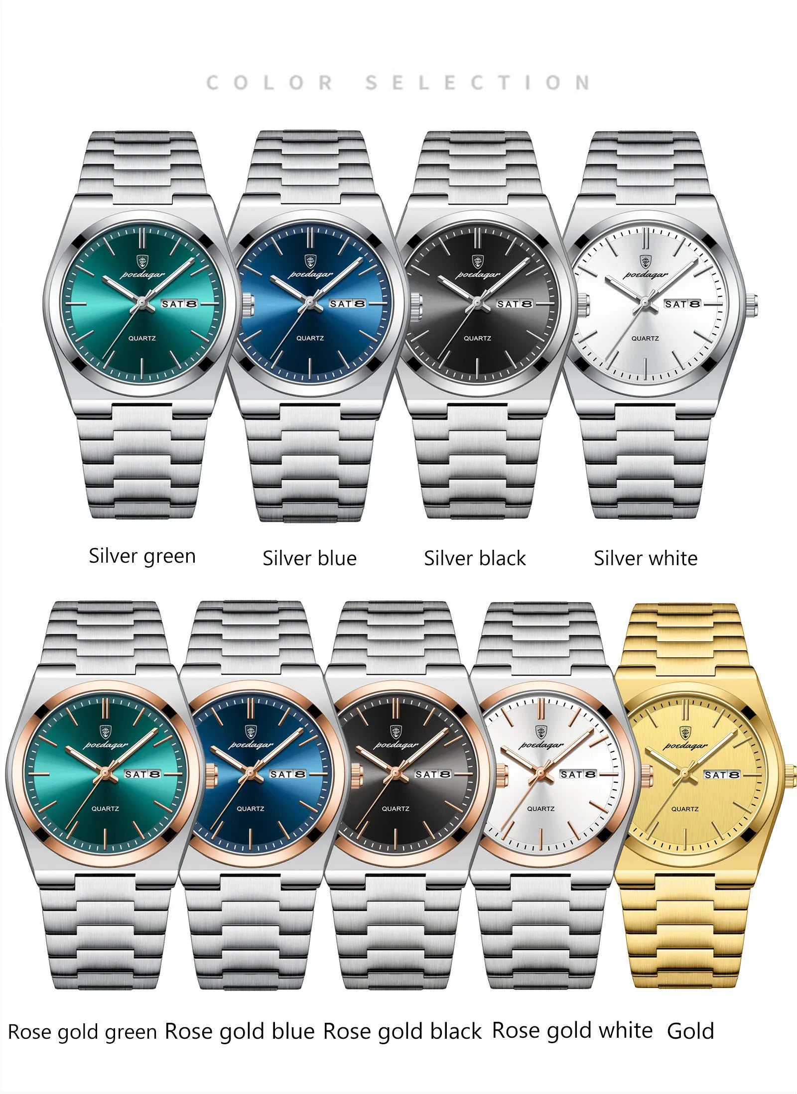 POEDAGAR Luxury Business Men's Wristwatch Stainless Steel Waterproof Luminous Man Watch Date Week Fashion Quartz Watches For Men
