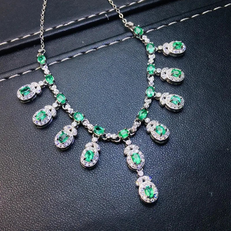 S925 Sterling Silver Inlay 3x4mm Natural Emerald Wing Pendant Necklace for Women Fashion Fine Charm Weddings Jewelry