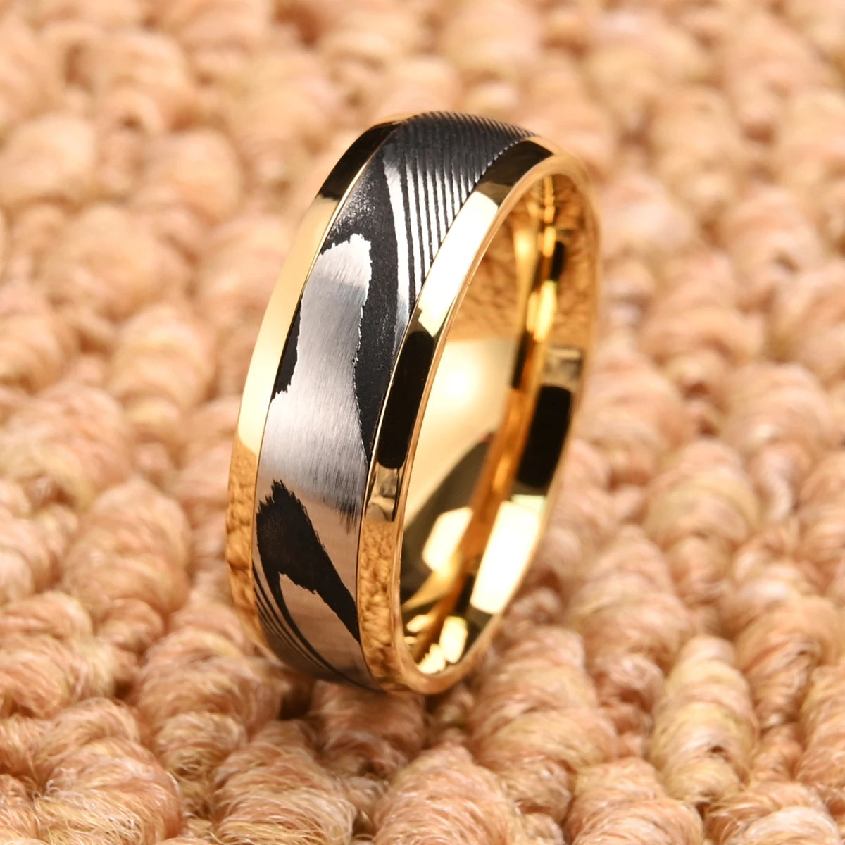 8MM Gold Color Damascus steel ring for man fashion jewelry Men's wedding bands engagement Promise rings Fine gifts Comfort Fit