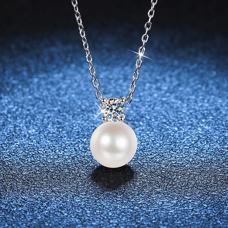925 Sterling Silver Pearl Pendant Necklace D VVS1 Moissanite Crown Setting Pearl Charm Necklace For Women
