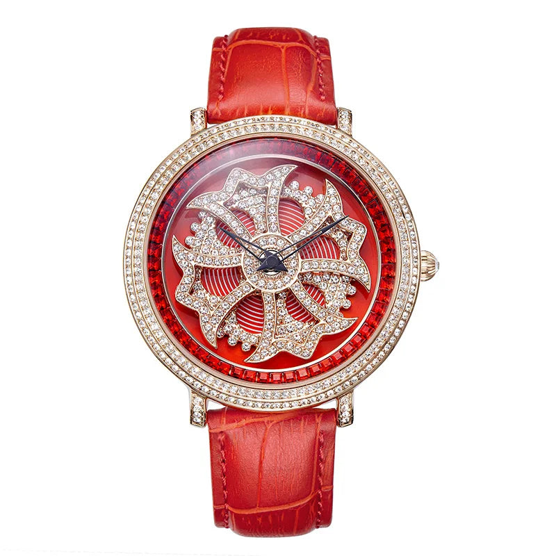 Davena Lady Women's Watch Spin Crystal Rhinestones Hours Fashion Real Leather Bracelet Luxury Girl's Birthday Gift Box