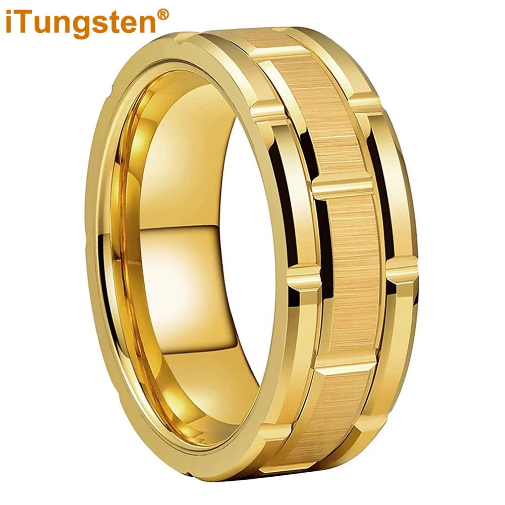 iTungsten 8mm Mens Tungsten Wedding Ring Brick Pattern Black Plated Brushed Finish Engagement Band Comfort Fit