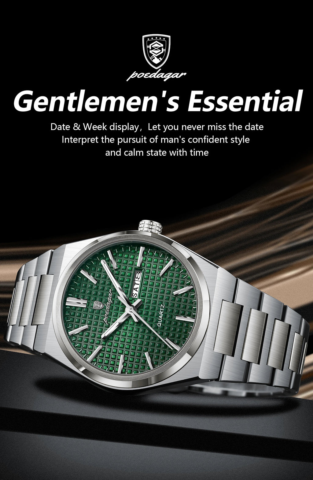 POEDAGAR Top Original Quartz Men Clock Waterproof Luminous Stainless Steel Man Wristwatch Date Week Business Men's Watches Reloj