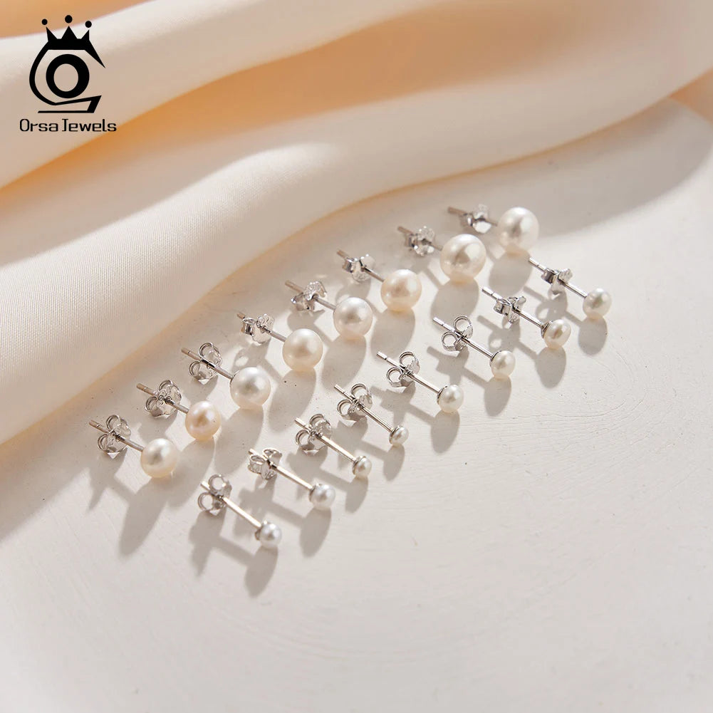 ORSA JEWELS Minimalism 1 pair Freshwater Pearl Ear Stud Real Pearls Stud Earrings 925 Silver Round Natural Pearl Ear Stud GPE104
