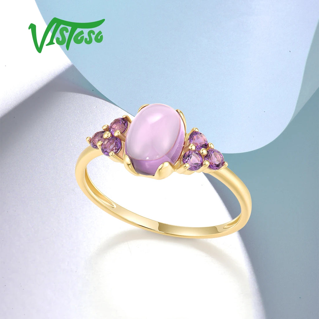 VISTOSO Authentic 14K 585 Yellow Gold Rings For Women Genuine Amethyst Solitaire Pink Engagement Wedding Delicate Fine Jewelry