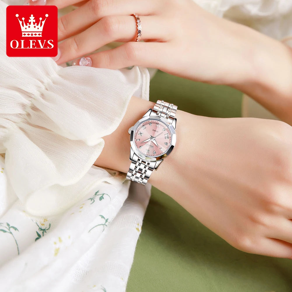 OLEVS Women Watches Elegant Luxury Stainless Steel Strap Original Quartz Wristwatch for Man Waterproof Luminous Date Trend Dress