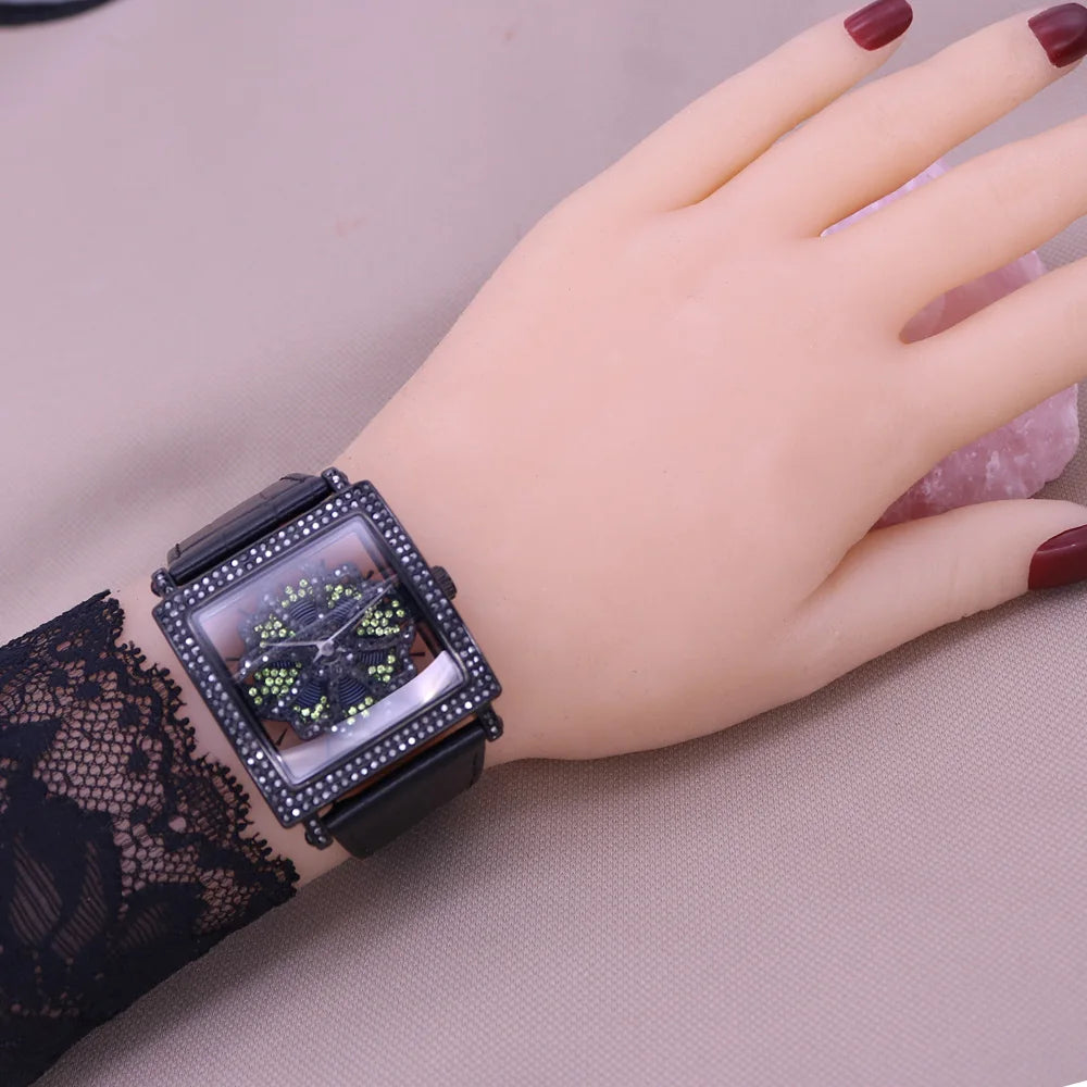 Davena Lady Women's Watch Spin Crystal Rhinestones Hours Fashion Real Leather Bracelet Luxury Girl's Birthday Gift Box