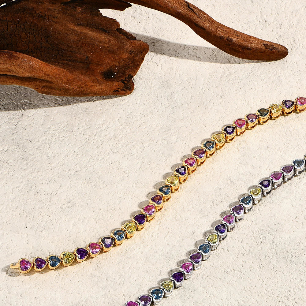 ATTAGEMS Heart-shape Sapphire Colorful Bracelet S925 Sterling Silver 18K Gold Plated Zircon For Women Engagement  Party  Jewelry