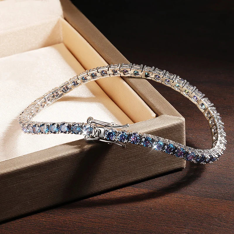 KNOBSPIN Blue Moissanite Tennis Bracelets for Women Man 3mm 4mm Lab Grow Diamond with Certificate 925 Silver Plated 18k Bracelet