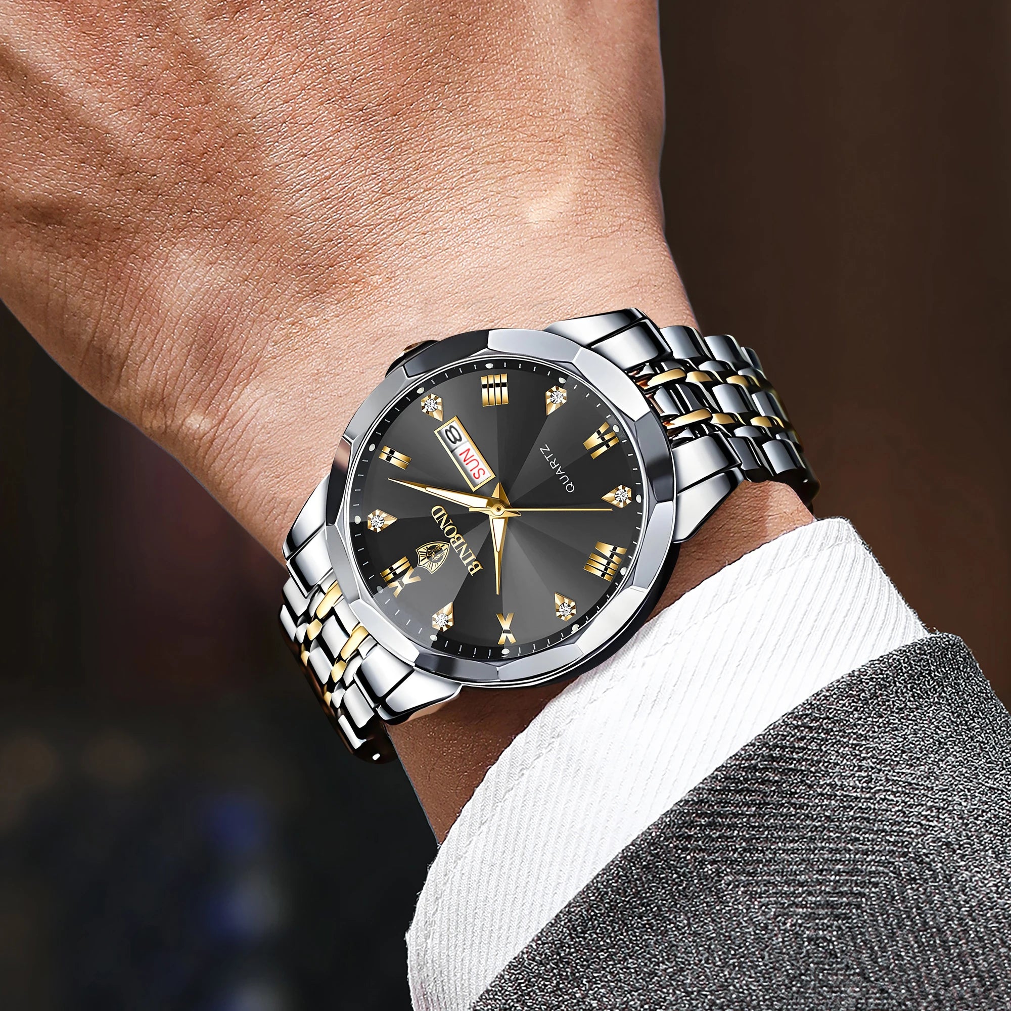 BINBOND Taper Glass Luxury Quartz Wristwatches For Men Luminous Waterproof Precise Durable men's Watch Stainless Steel Reloj