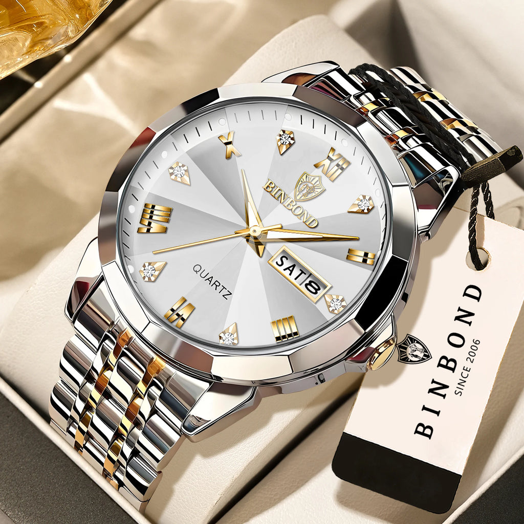 BINBOND Taper Glass Luxury Quartz Wristwatches For Men Luminous Waterproof Precise Durable men's Watch Stainless Steel Reloj