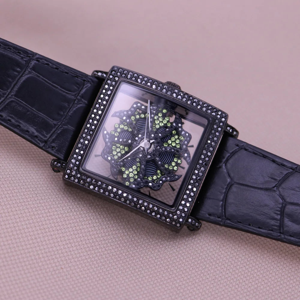 Davena Lady Women's Watch Spin Crystal Rhinestones Hours Fashion Real Leather Bracelet Luxury Girl's Birthday Gift Box