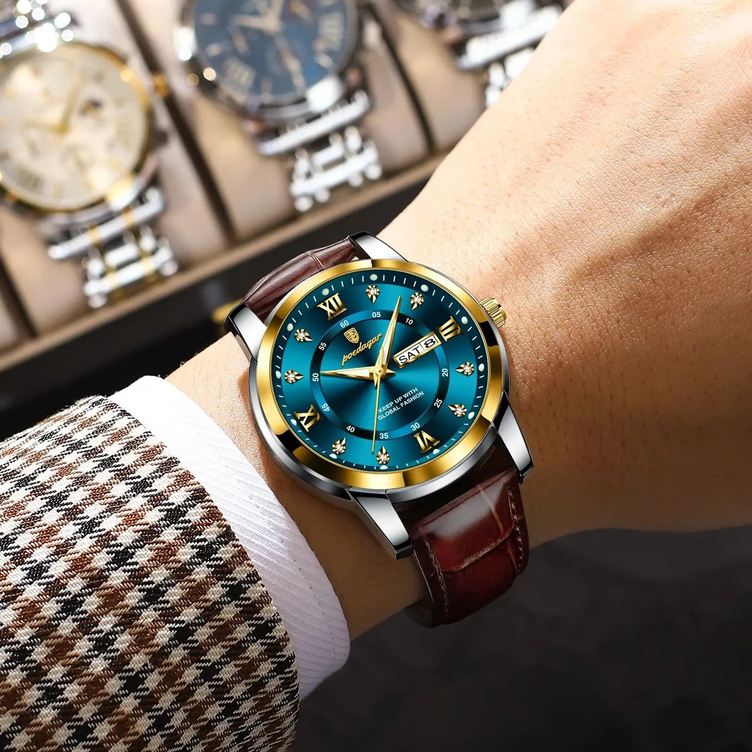 POEDAGAR Top Luxury Man Watch Date Week Waterproof Luminous Leather Men Wristwatch Casual Male Clock Sports Men's Quartz Watches