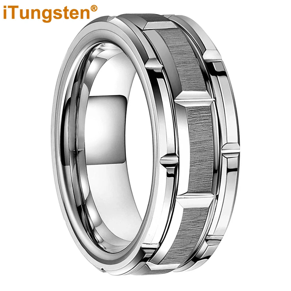 iTungsten 8mm Mens Tungsten Wedding Ring Brick Pattern Black Plated Brushed Finish Engagement Band Comfort Fit
