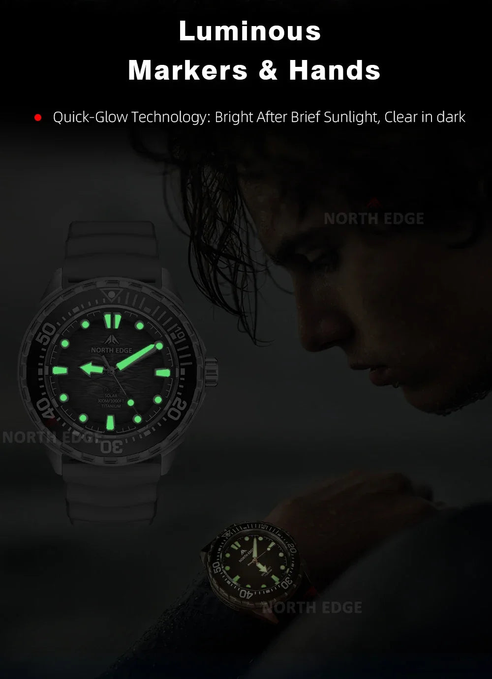 NORTH EDGE TRITON-TI Titanium Solar-Powered Diving Watch High Quality Quartz Watches for Man NEW 300M Waterproof Men Watch Reloj