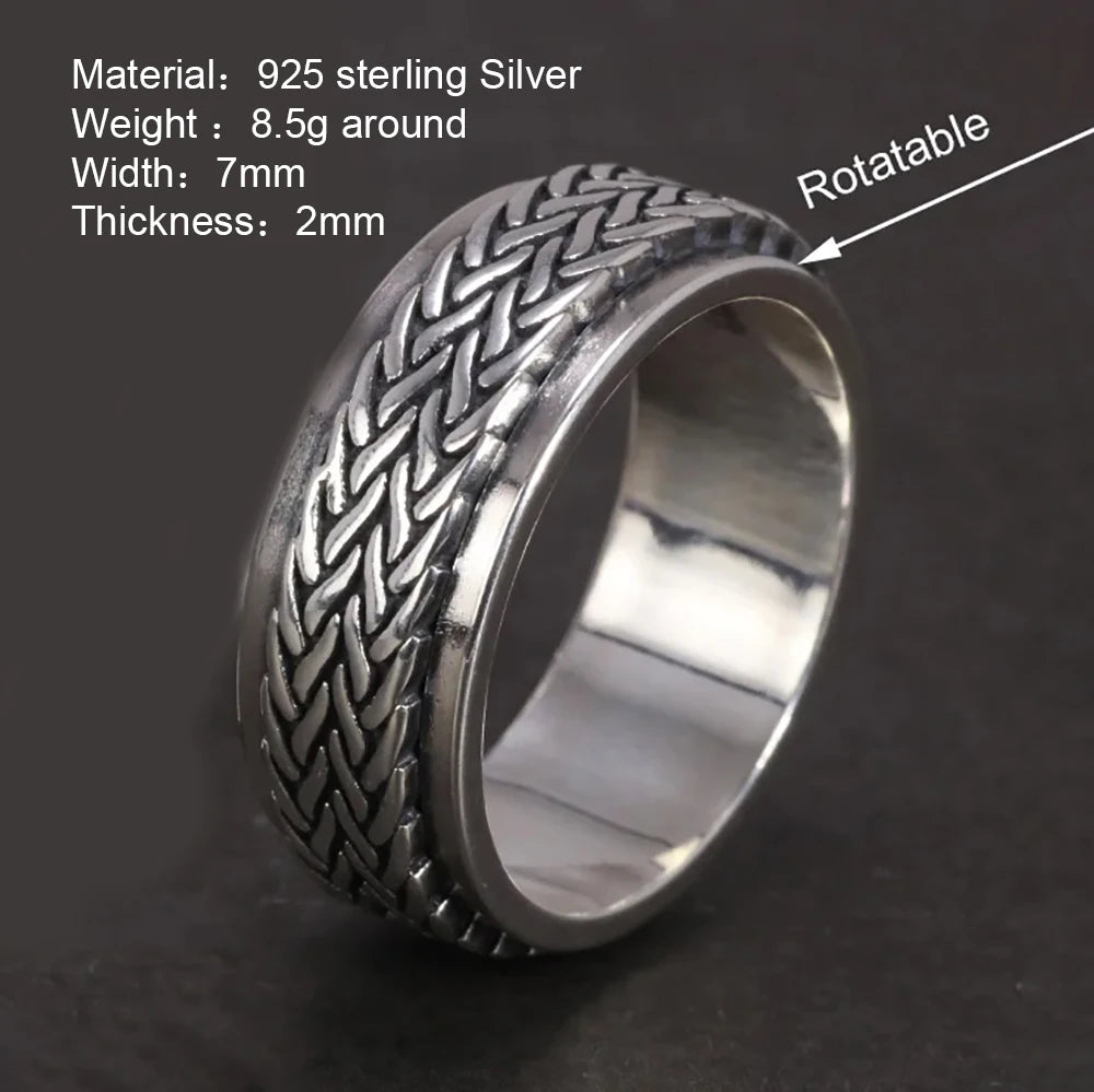 925 Sterling Silver Rotatable Rings For Men And Women Simple Hemp Rope Type Spinner Vintage Male Jewelry