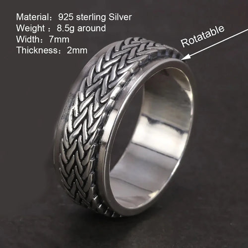 925 Sterling Silver Rotatable Rings For Men And Women Simple Hemp Rope Type Spinner Vintage Male Jewelry