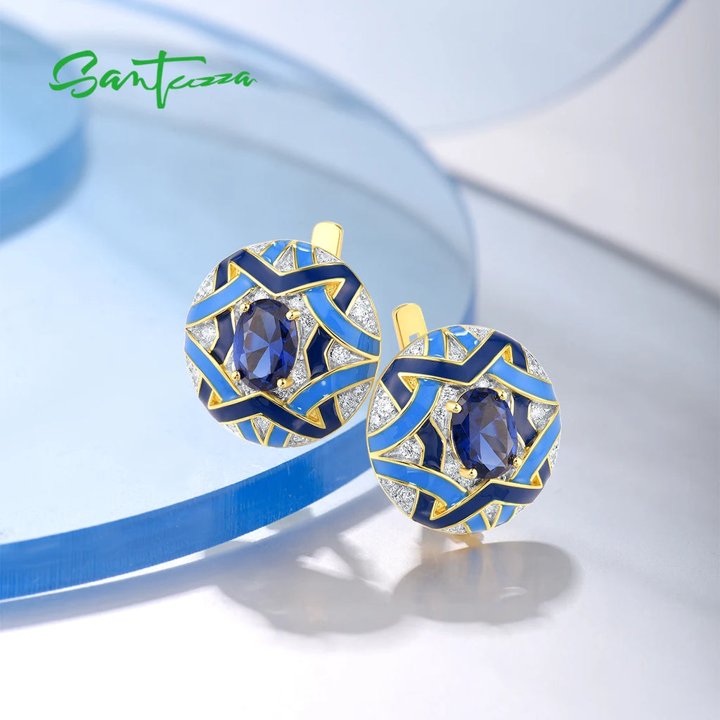 SANTUZZA Real 925 Sterling Silver Solitaire Earrings For Woman Sparkling Blue Spinel Enamel Grand Round Wedding Set Fine Jewelry