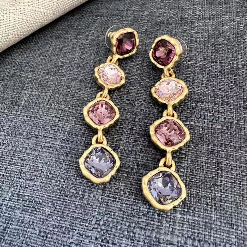 Os Fashion Jewelry Full Zircon Inlaid Colorful Glass Geometric Stud Earrings Women’s Elegant Party Wedding Accessory