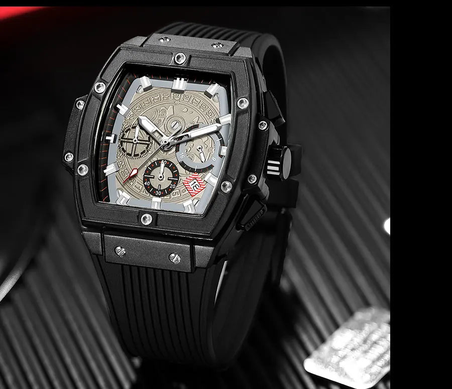 MEGIR & RUIMAS Watches for Men Fashion Military Sport Tonneau Chronograph Quartz Wristwatch with Date 24-hour 3atm Waterproof