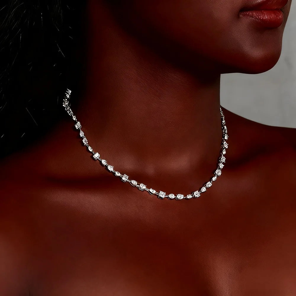 TEMGF Full Irregular Moissanite Chokers Necklaces 925 Silver Tennis Chain for Women Banquet Bridal Wedding Luxury Shiny Jewelry