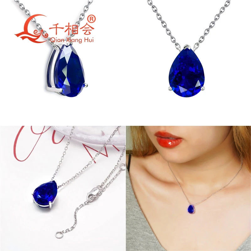 925 Silver Pear Shape 7ct 10x14mm Royal Blue/Cornflower Blue Lab Grown Created Sapphire Inclusions Stone Jewelry Pendant Necklac
