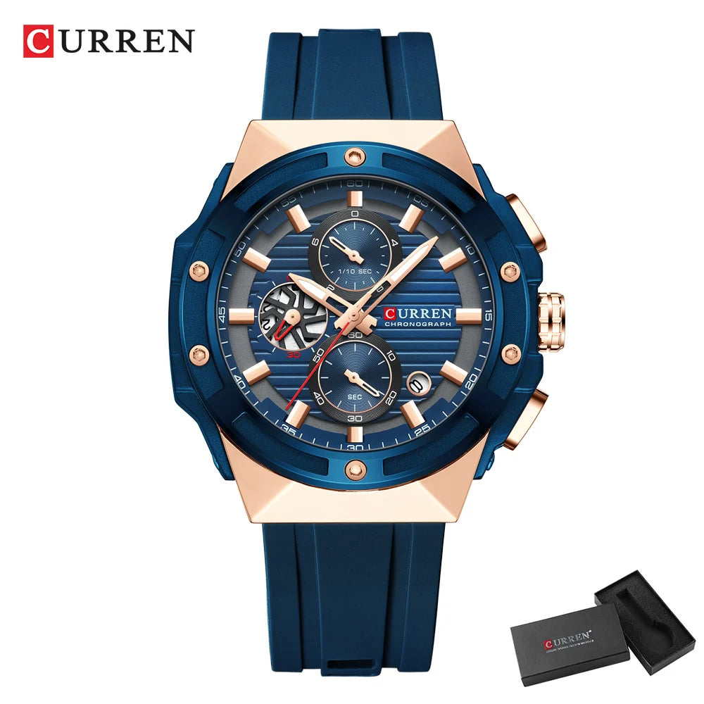 CURREN Classic Brand Men's Wristwatches Casual Business Quartz Silicone Watches with Luminous Hands Chronograph Dial