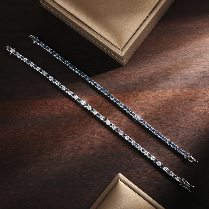 KNOBSPIN Blue Moissanite Tennis Bracelets for Women Man 3mm 4mm Lab Grow Diamond with Certificate 925 Silver Plated 18k Bracelet