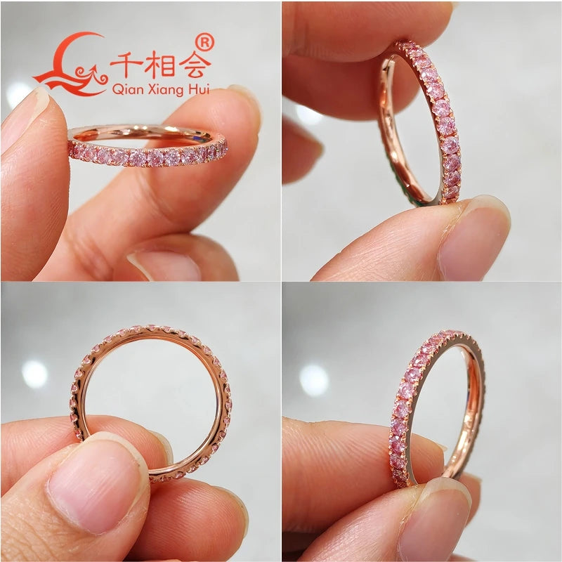 Pink Color 2mm Round Moissanite Full Eternity Ring Band Yellow / Rose Gold Plated S925 Silver Diamond Engagement Jewelry