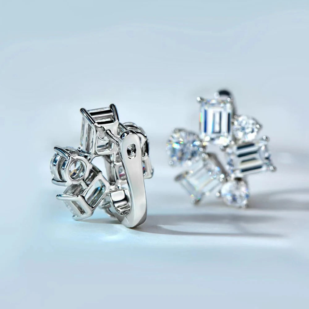 Emerald&Round Cut All Moissanite Hoop Earrings for Women S925 Silver Sparkling Multi Stone Diamond Stud Earrings Wedding Jewelry