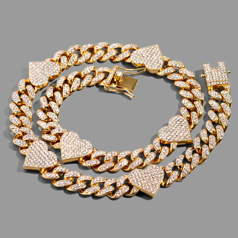 Heart Cuban Chain Necklace for Women, Gold Silver Color Iced Out Rhinestone Choker, 16/18/20 Inch Link Chain Jewelry