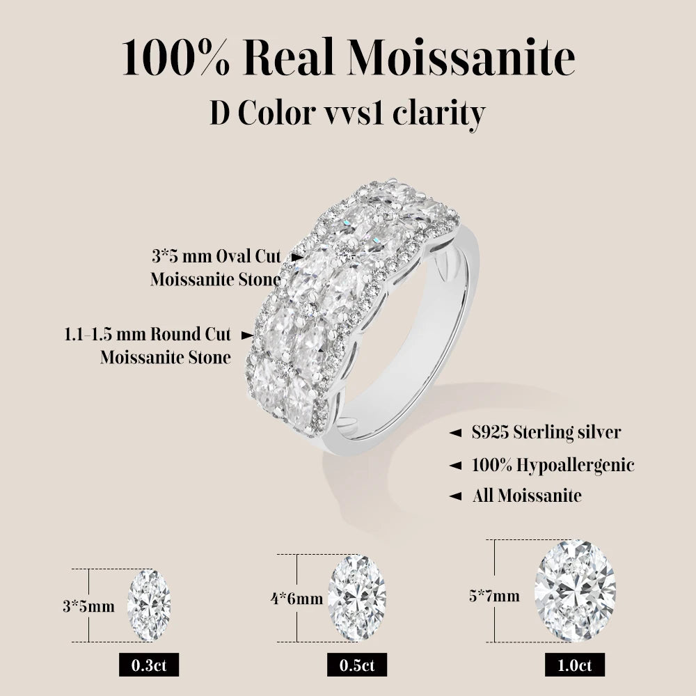 ATTAGEMS Two Rows of Oval Cut Moissanite Rings S925 Sterling Silver Sparkling Engagement Ring For Women Men High Quality Jewelry