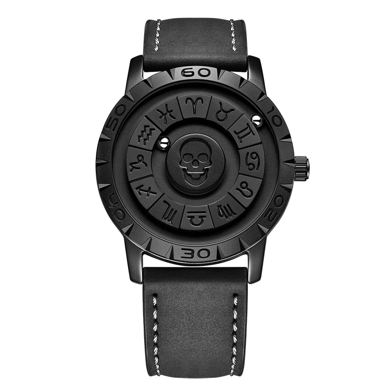 FOXOBOX New Original Luxury Skull Scrolling Pointer Magnetic Force Watch Men Military Sport Waterproof Quartz Wristwatch Clock