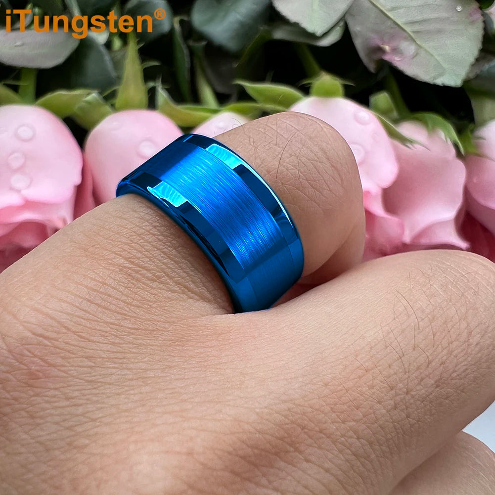 iTungsten 10mm 12mm Big Finger Ring Mens Tungsten Flat Engagement Wedding Band With Center Brushed Polished Finish Comfort Fit