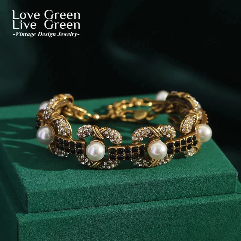 Vintage Bracelets For Woman Pearls Bangles Girls Jewelry Designer Luxury Black Rhinestones Gifts For My Girlfriend Valentine