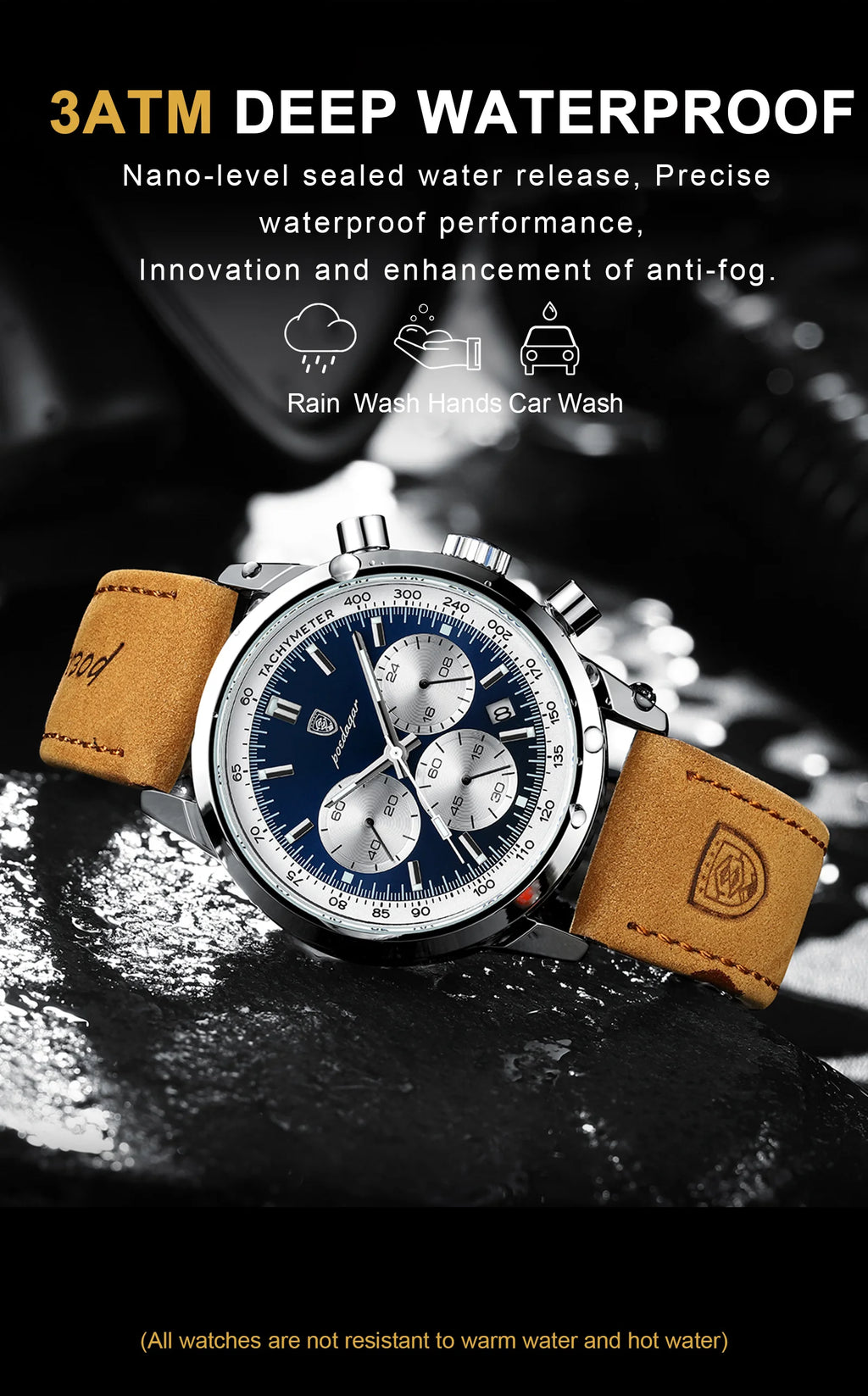 POEDAGAR Luxury Men's Quartz Wristwatch Chronograph Date Leather Man Watch Waterproof Luminous High Quality Fashion Men Watches
