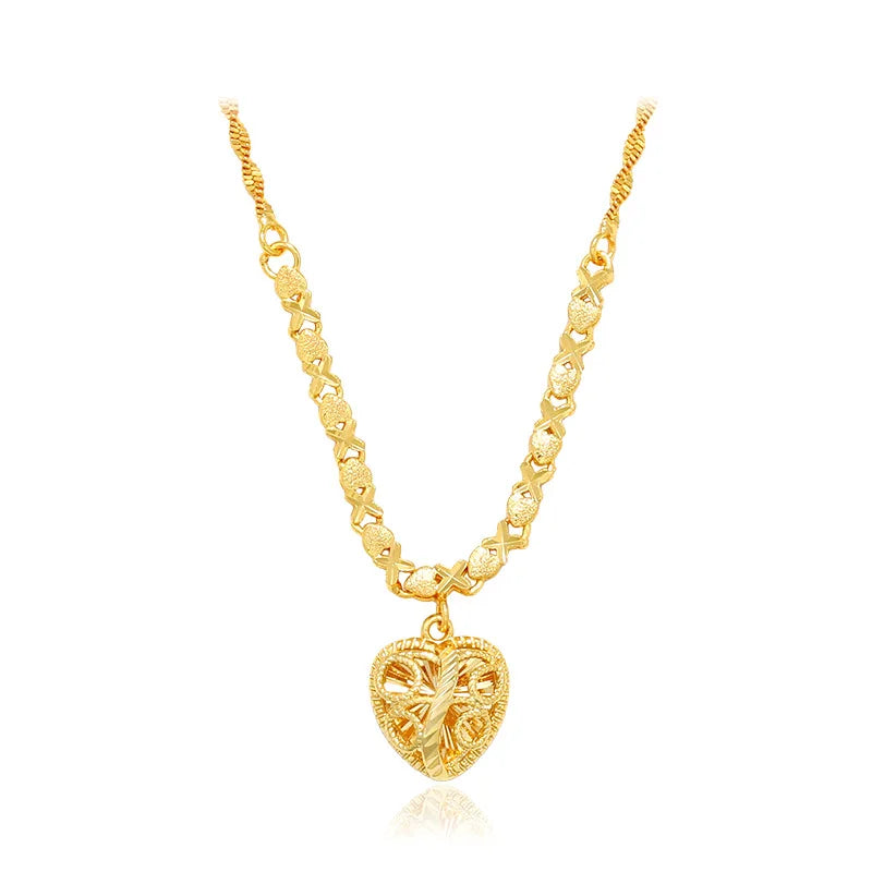 Fashion 24K real gold Heart pendant water wave chain collar senior sense 999 gold vintage quality exquisite love necklace women
